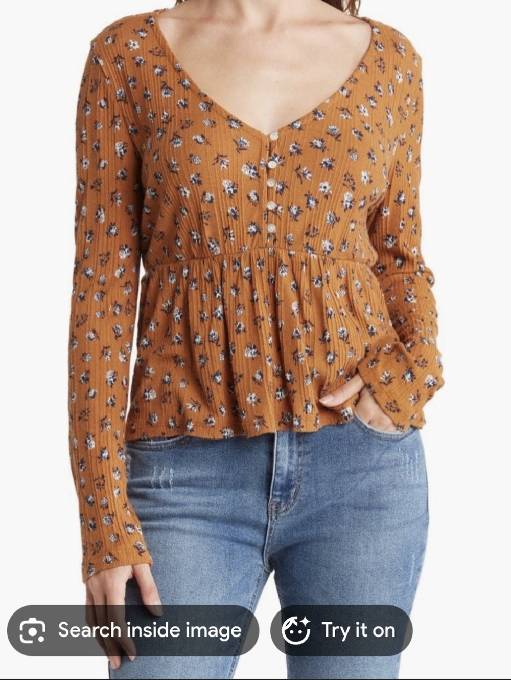 Lucky Brand Rust Floral V‑Neck Peplum Blouse